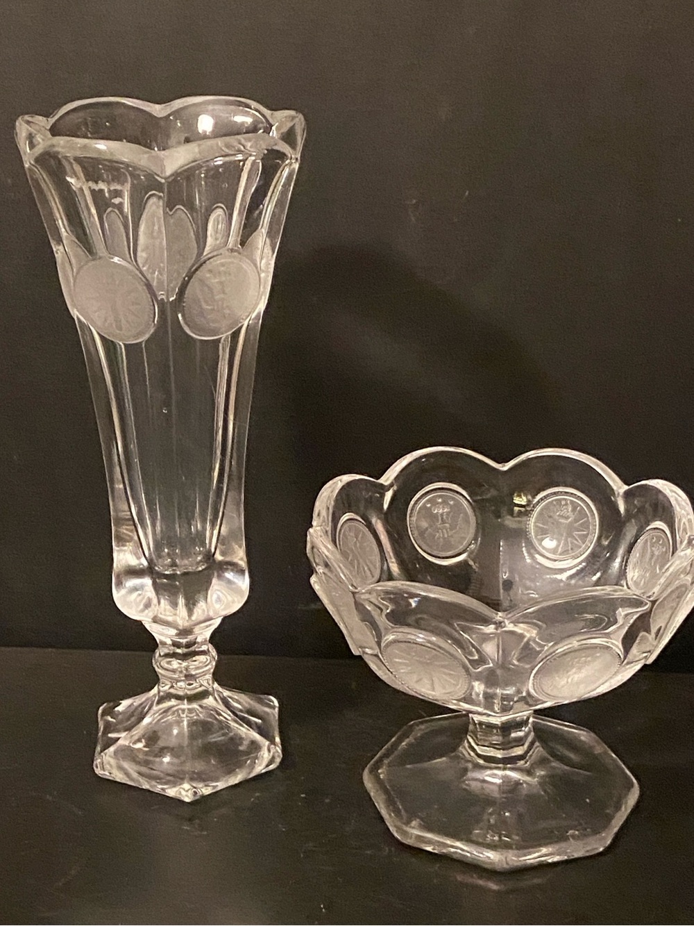Fostoria Coin Glass Clear Fluted Panel Scalloped Pedestal Vase/Bowl Set